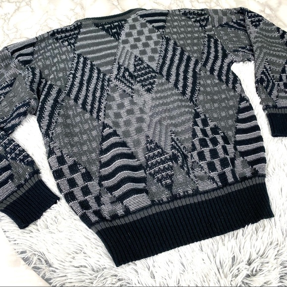 Vintage Urban Works 80s 90s Leather Trimmed Harlequin Knit Sweater EUC - Picture 2 of 13